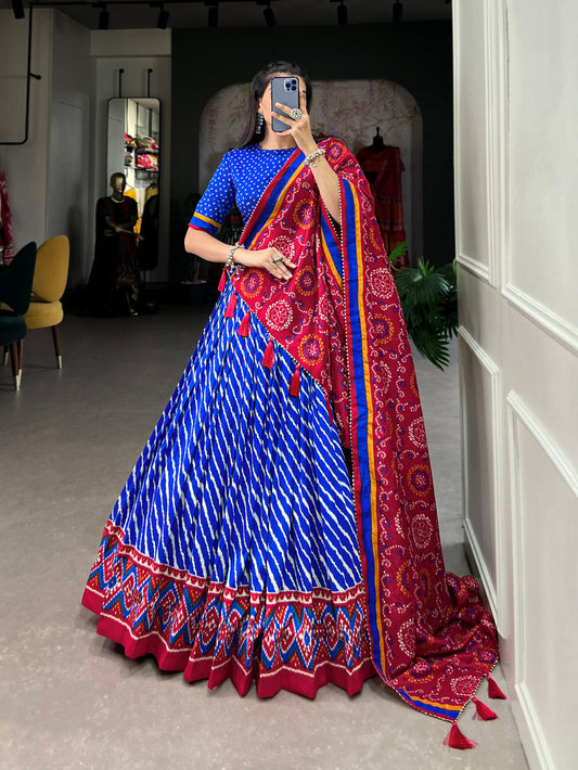 Royal Blue Color Leheriya With Patola Print Tussar Silk Lehenga Choli