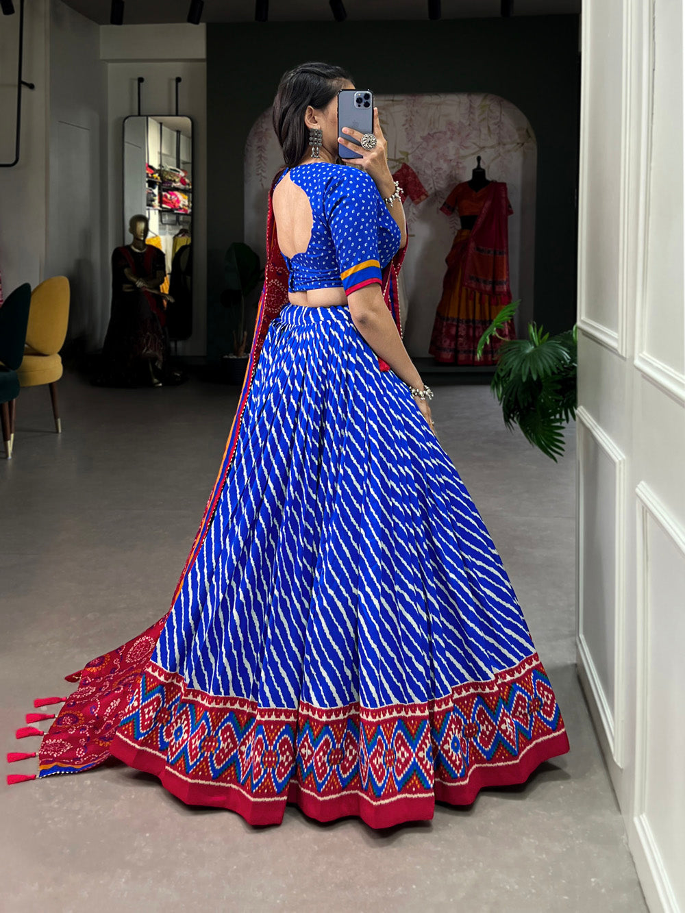 Royal Blue Color Leheriya With Patola Print Tussar Silk Lehenga Choli