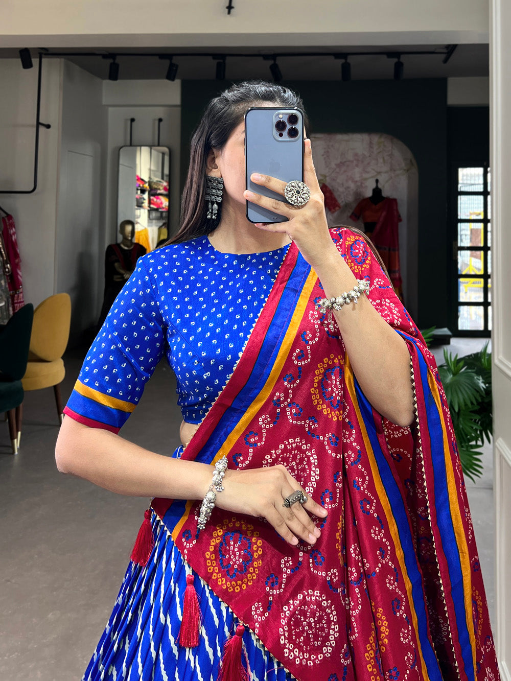 Royal Blue Color Leheriya With Patola Print Tussar Silk Lehenga Choli