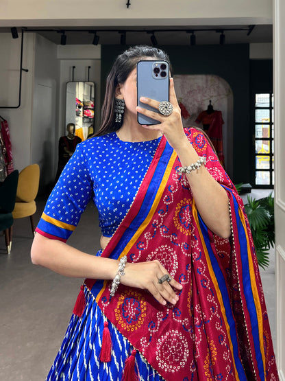 Royal Blue Color Leheriya With Patola Print Tussar Silk Lehenga Choli