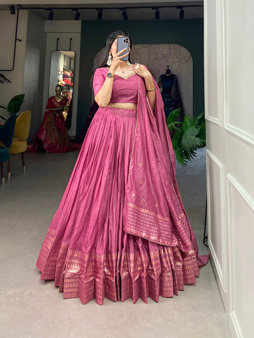Pink Color Plain With Zari Weaving Work Border Chanderi Lehenga Choli