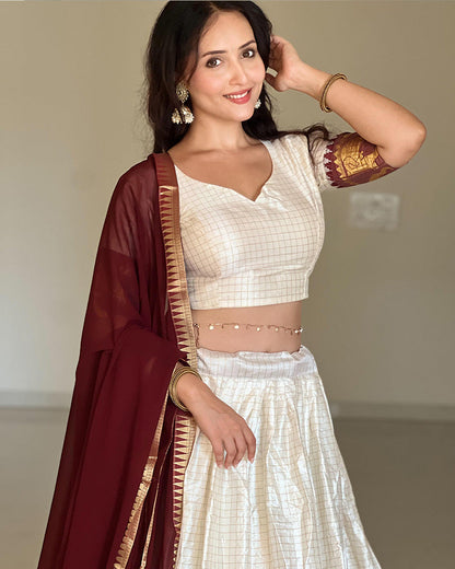 Poly Cotton Chex Navratri White And Maroon South Indian Half Saree Lehenga Choli