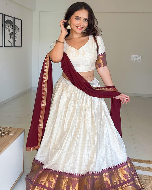 Poly Cotton Chex Navratri White And Maroon South Indian Half Saree Lehenga Choli