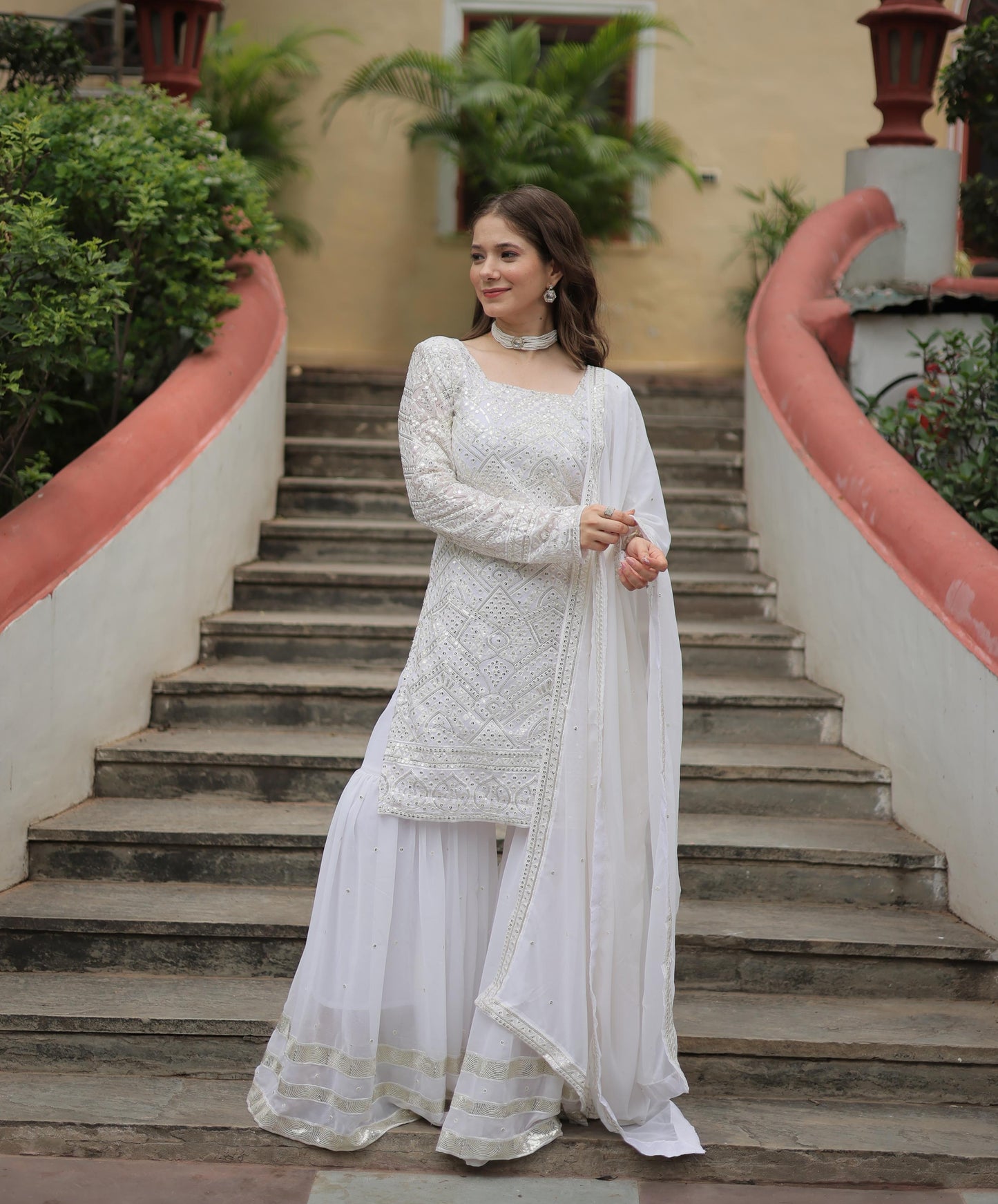 White Color Faux Georgette Embroidered Sharara Suit