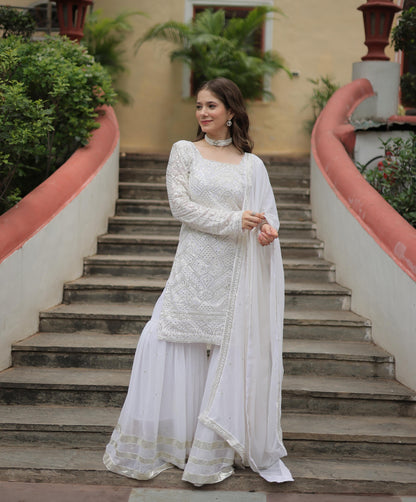 White Color Faux Georgette Embroidered Sharara Suit