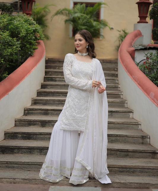White Color Faux Georgette Embroidered Sharara Suit