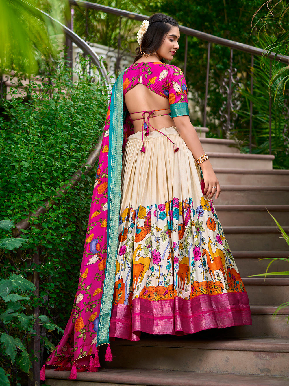 White Color Kalamkari Print With Zari Weaving Dola Silk Lehenga Choli