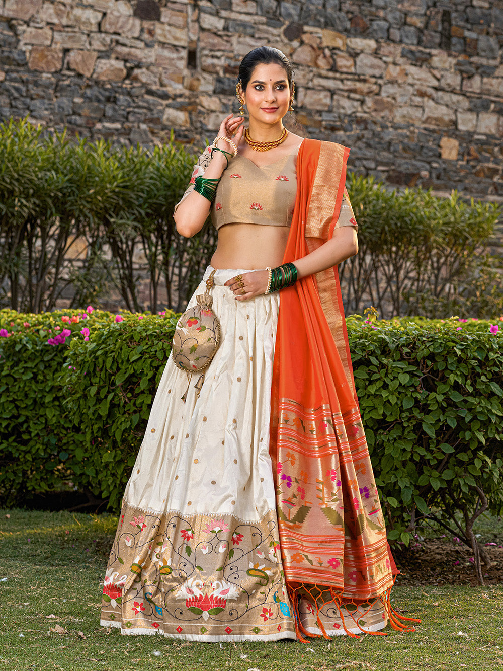 White Color Jacquard Silk Paithani Weaving Zari Work Maharashtra Wear Lehenga Choli