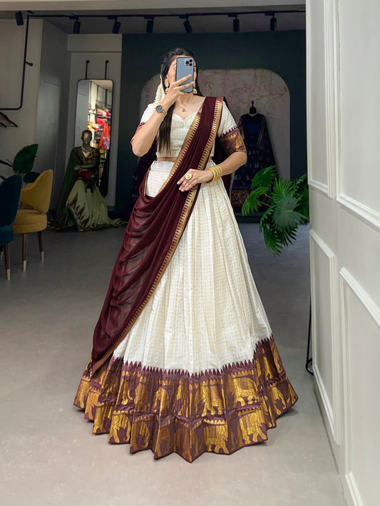 White Color Chex With Zari Weaving Work Poly Cotton Wedding South Indian Half Saree Lehenga