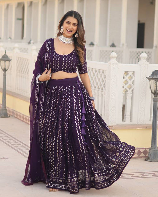 Blooming Soft Georgette Heavy Embroidery Threaded Semi Stitched Wine Lehenga Choli