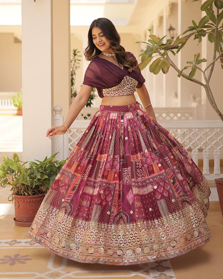 Designer Russian Silk Embroidery Crop Top Wine Lehenga Choli