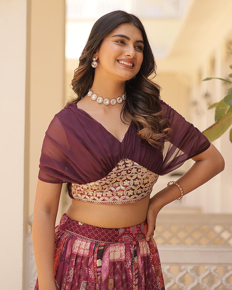 Designer Russian Silk Embroidery Crop Top Wine Lehenga Choli