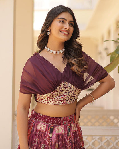 Designer Russian Silk Embroidery Crop Top Wine Lehenga Choli