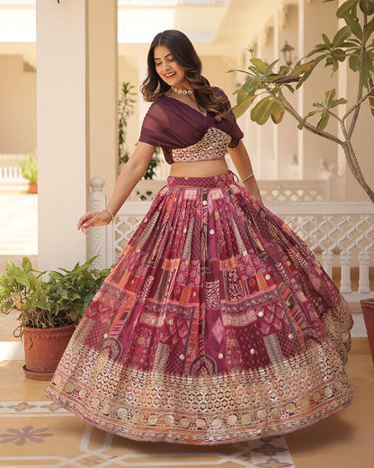 Designer Russian Silk Embroidery Crop Top Wine Lehenga Choli