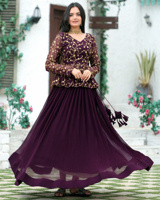 Designer Sequins Embroidery Ready To Wear Wine Lehenga Choli