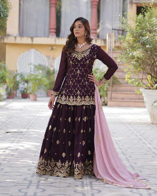 Wine Color Faux Blooming Embroidered Palazzo Suit