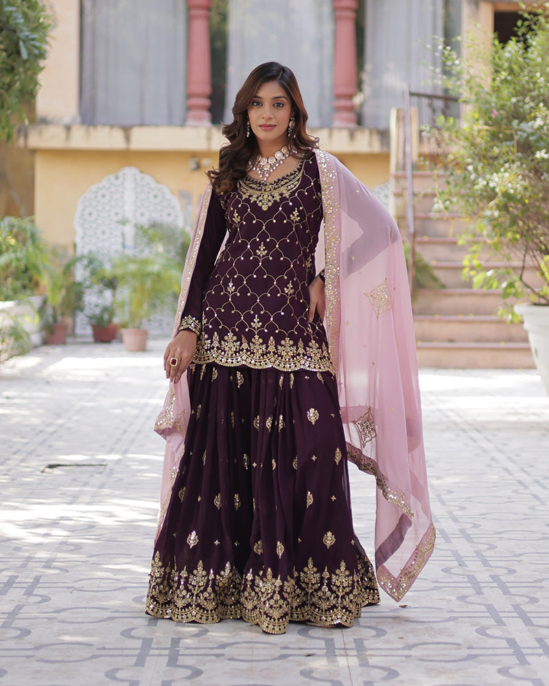 Wine Color Faux Blooming Embroidered Palazzo Suit