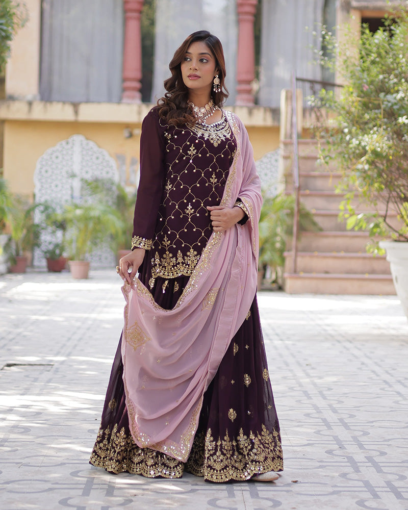 Wine Color Faux Blooming Embroidered Palazzo Suit