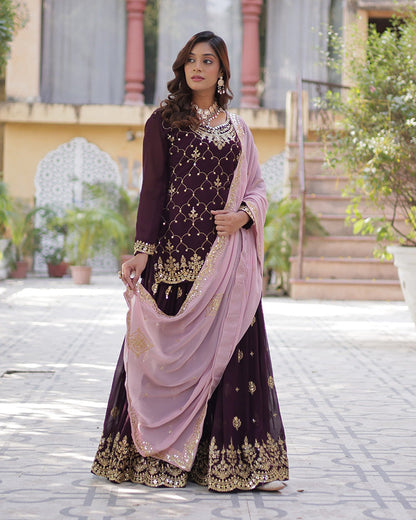 Wine Color Faux Blooming Embroidered Palazzo Suit