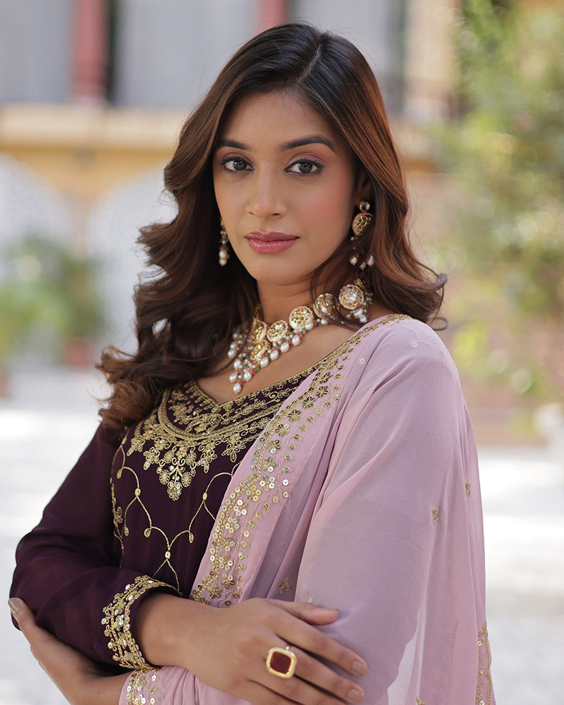 Wine Color Faux Blooming Embroidered Palazzo Suit