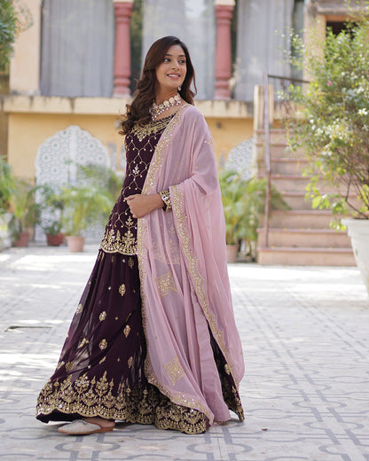 Wine Color Faux Blooming Embroidered Palazzo Suit