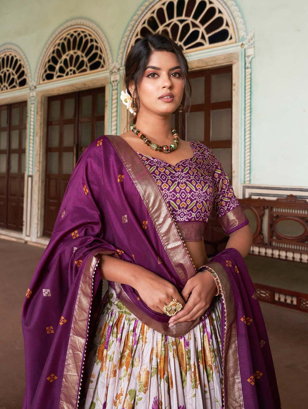 Wine Color Floral And Patola Printed With Foil Work Tussar Silk Wedding Lehenga Choli