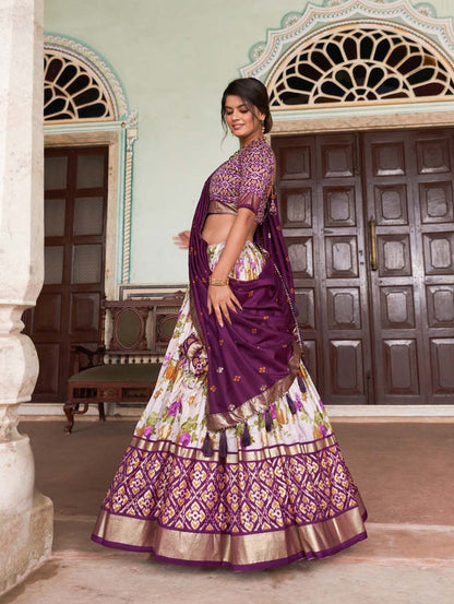 Wine Color Floral And Patola Printed With Foil Work Tussar Silk Wedding Lehenga Choli