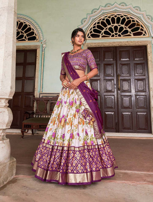 Wine Color Floral And Patola Printed With Foil Work Tussar Silk Wedding Lehenga Choli