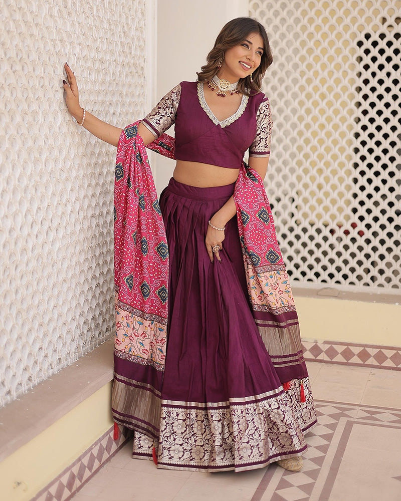 Jacquard Wine Lehenga Choli With Gaji Silk Dupatta