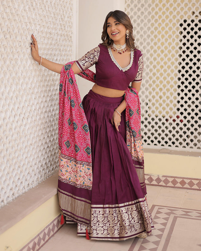 Jacquard Wine Lehenga Choli With Gaji Silk Dupatta