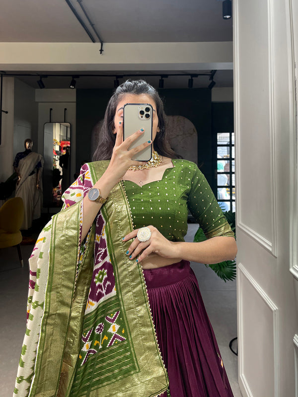 Wine Color Patola Print With Foil Work Tussar Silk Lehenga Choli