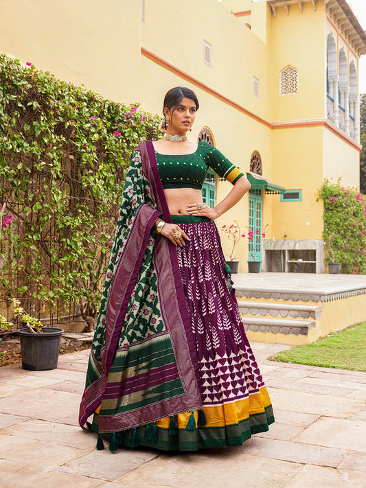 Wine Color Print With Foil Work Tussar Silk Lehenga Choli