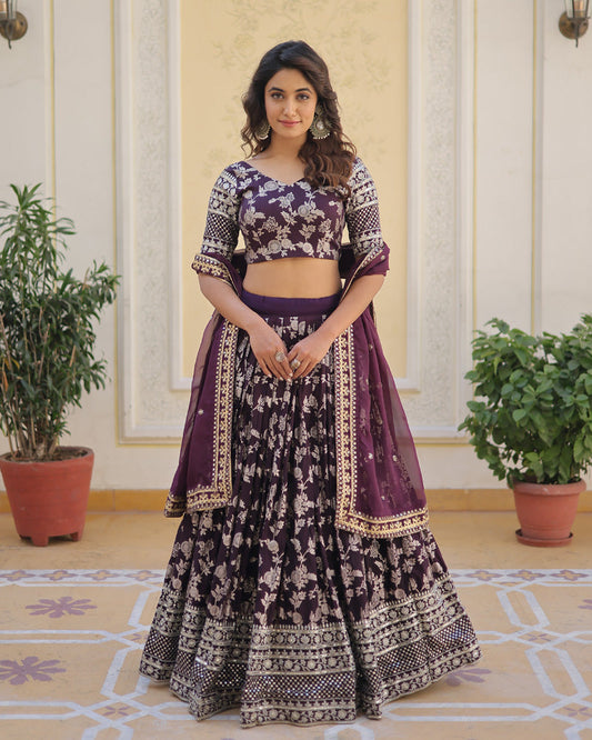 Pure Viscose Jacquard Wine Lehenga Choli