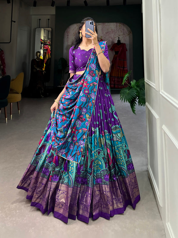 Purple Color Kalamkari Print With Foil Work Tussar Silk Lehenga Choli