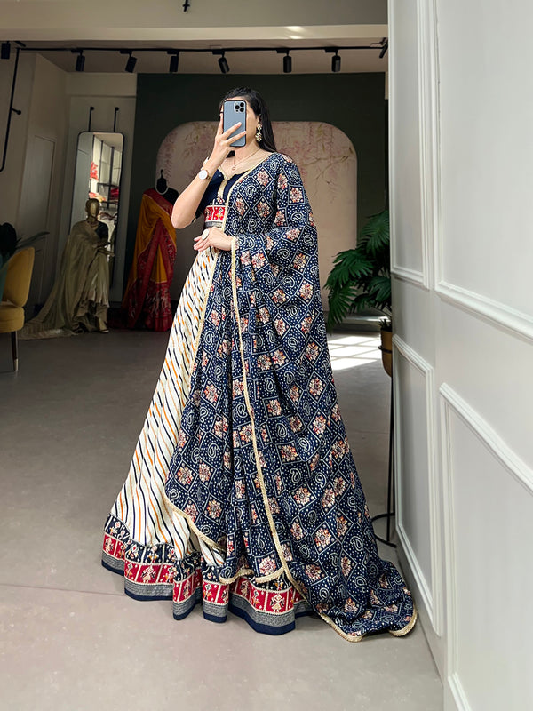Navy Blue Color Laheriya With Patola Print Cotton Lehenga Choli