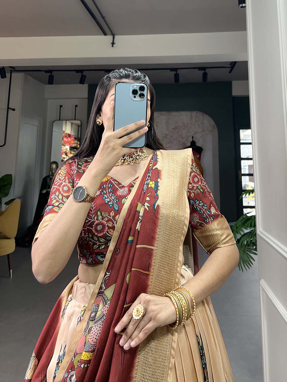 Cream Color Kalamkari Print With Weaving Border Dola Silk Lehenga Choli