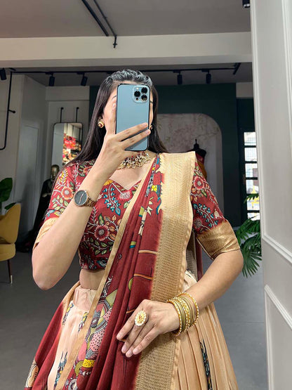 Cream Color Kalamkari Print With Weaving Border Dola Silk Lehenga Choli