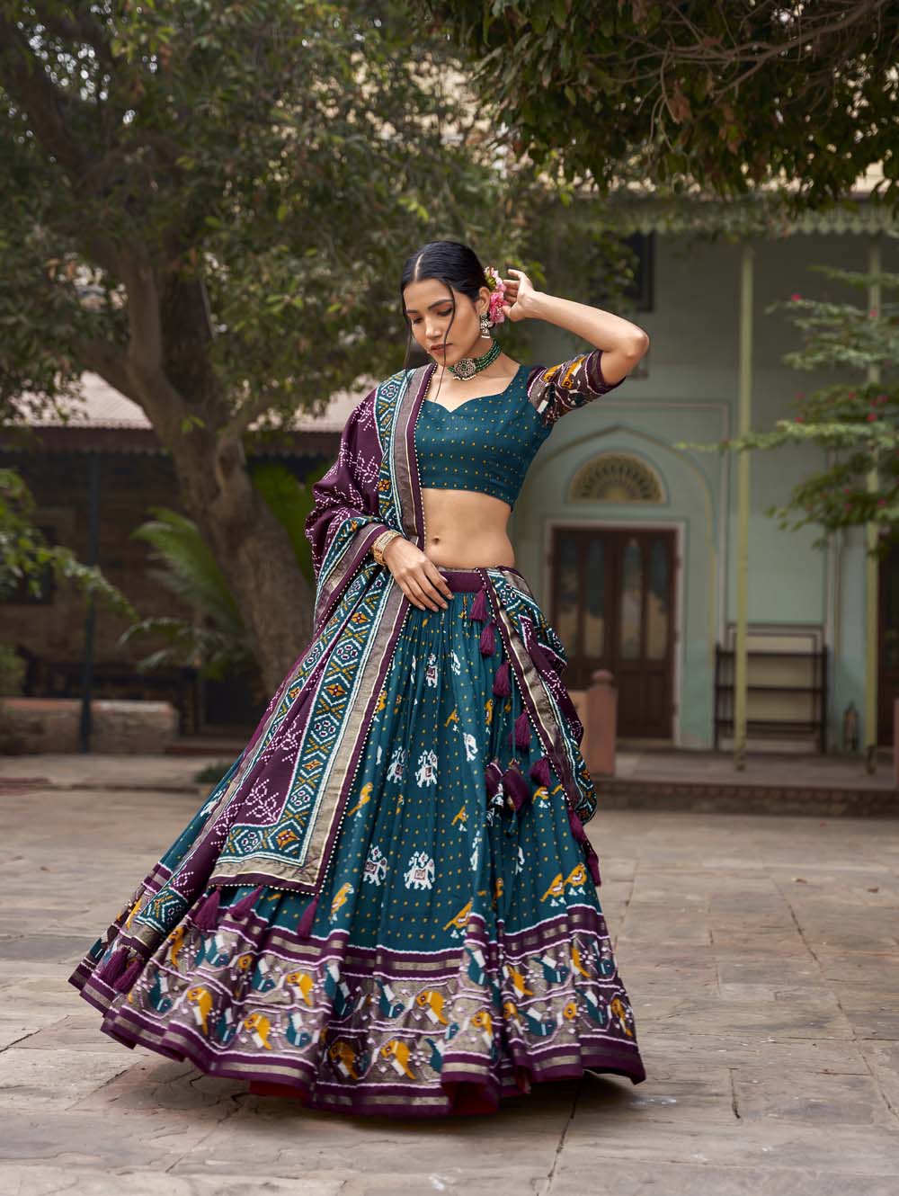 Teal Color Patola Print With Foil Work Tussar Silk Lehenga Choli
