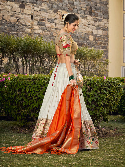 White Color Jacquard Silk Paithani Weaving Zari Work Maharashtra Wear Lehenga Choli
