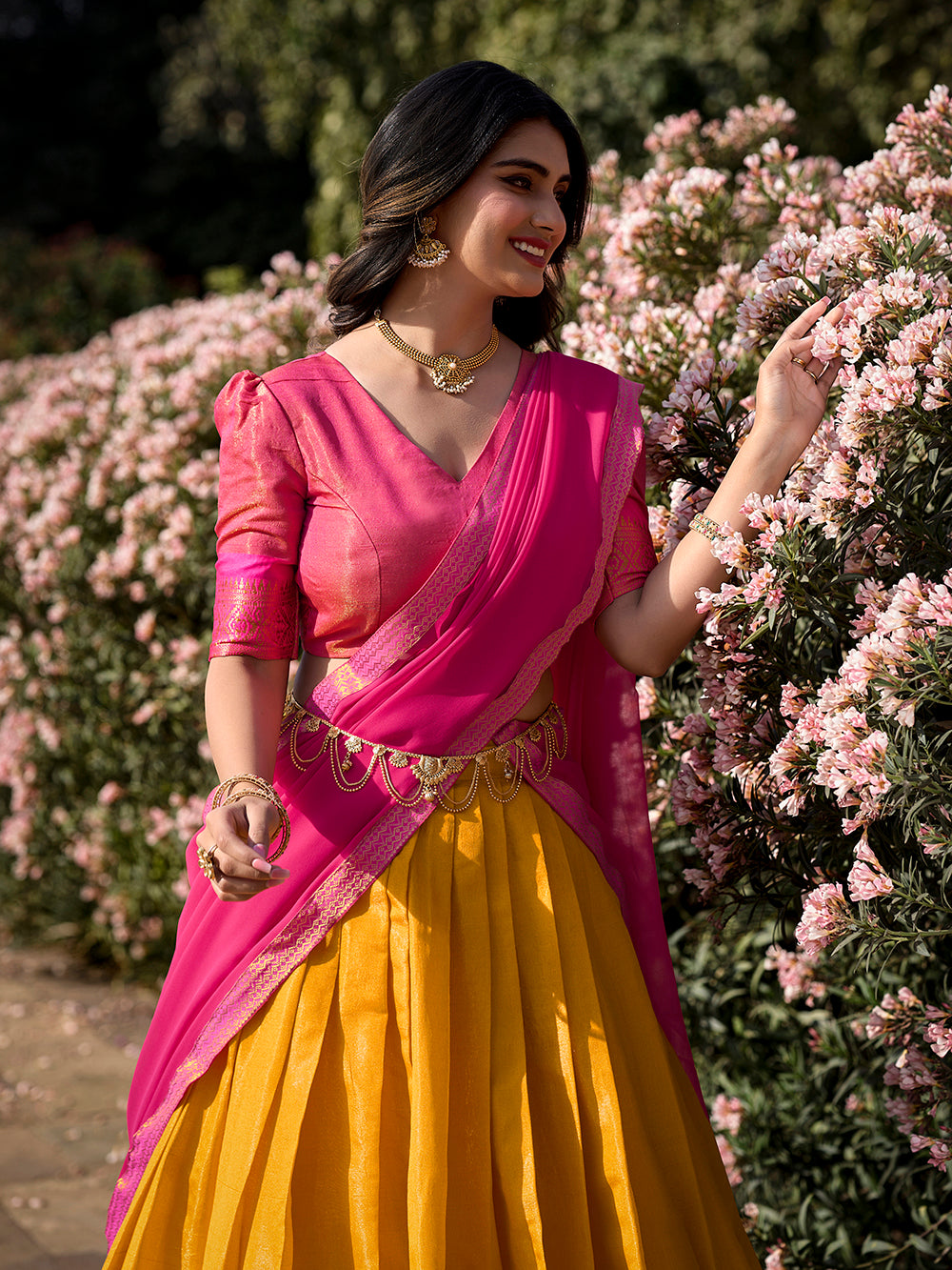 Mustard Color Zari Weaving Work Kanchipuram South Indian Half Saree Lehenga Choli