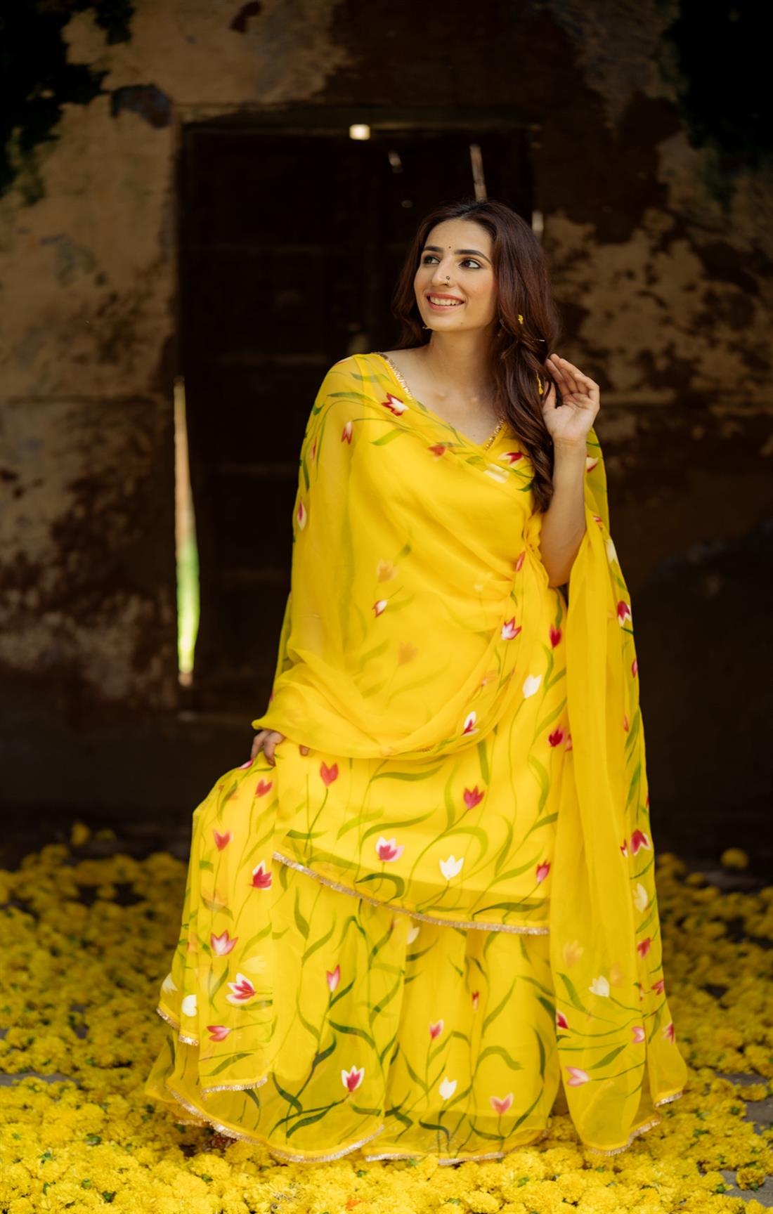 Yellow Color Floral Digital Printed Organza Palazzo Suit Set