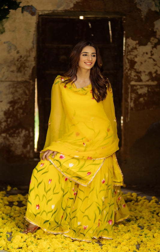 Yellow Color Floral Digital Printed Organza Palazzo Suit Set