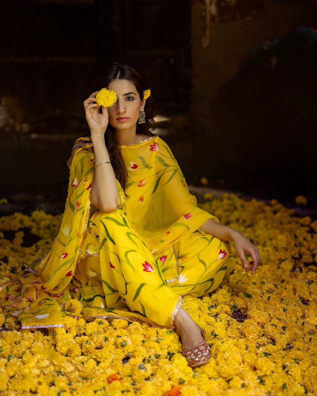 Yellow Color Floral Digital Printed Organza Palazzo Suit Set