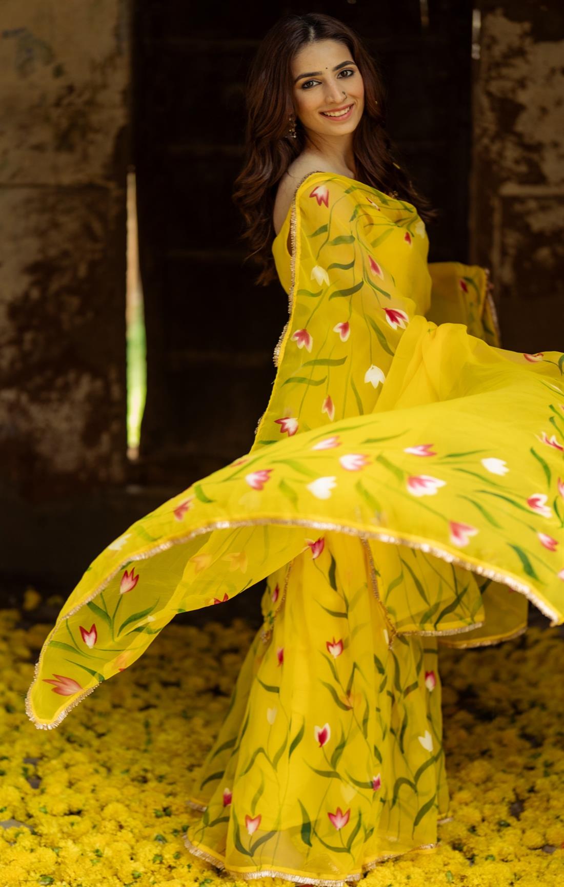 Yellow Color Floral Digital Printed Organza Palazzo Suit Set