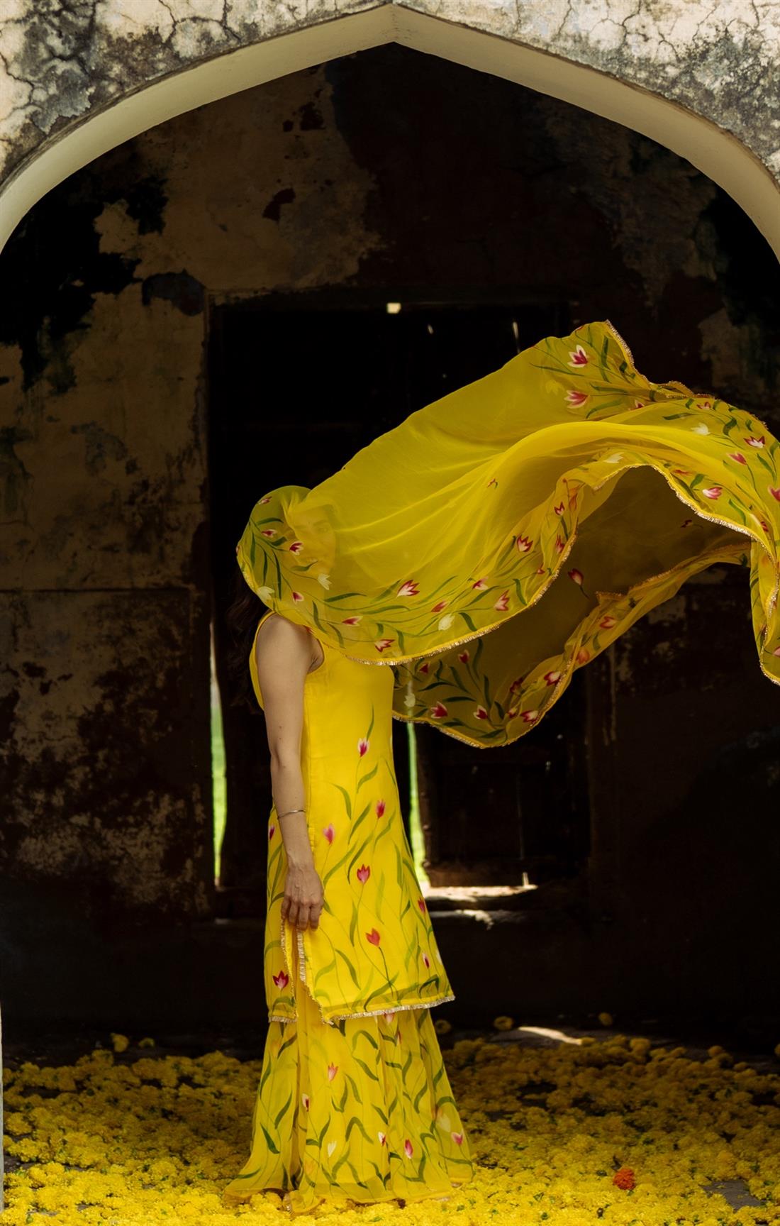 Yellow Color Floral Digital Printed Organza Palazzo Suit Set