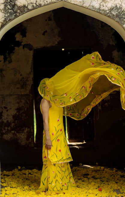 Yellow Color Floral Digital Printed Organza Palazzo Suit Set