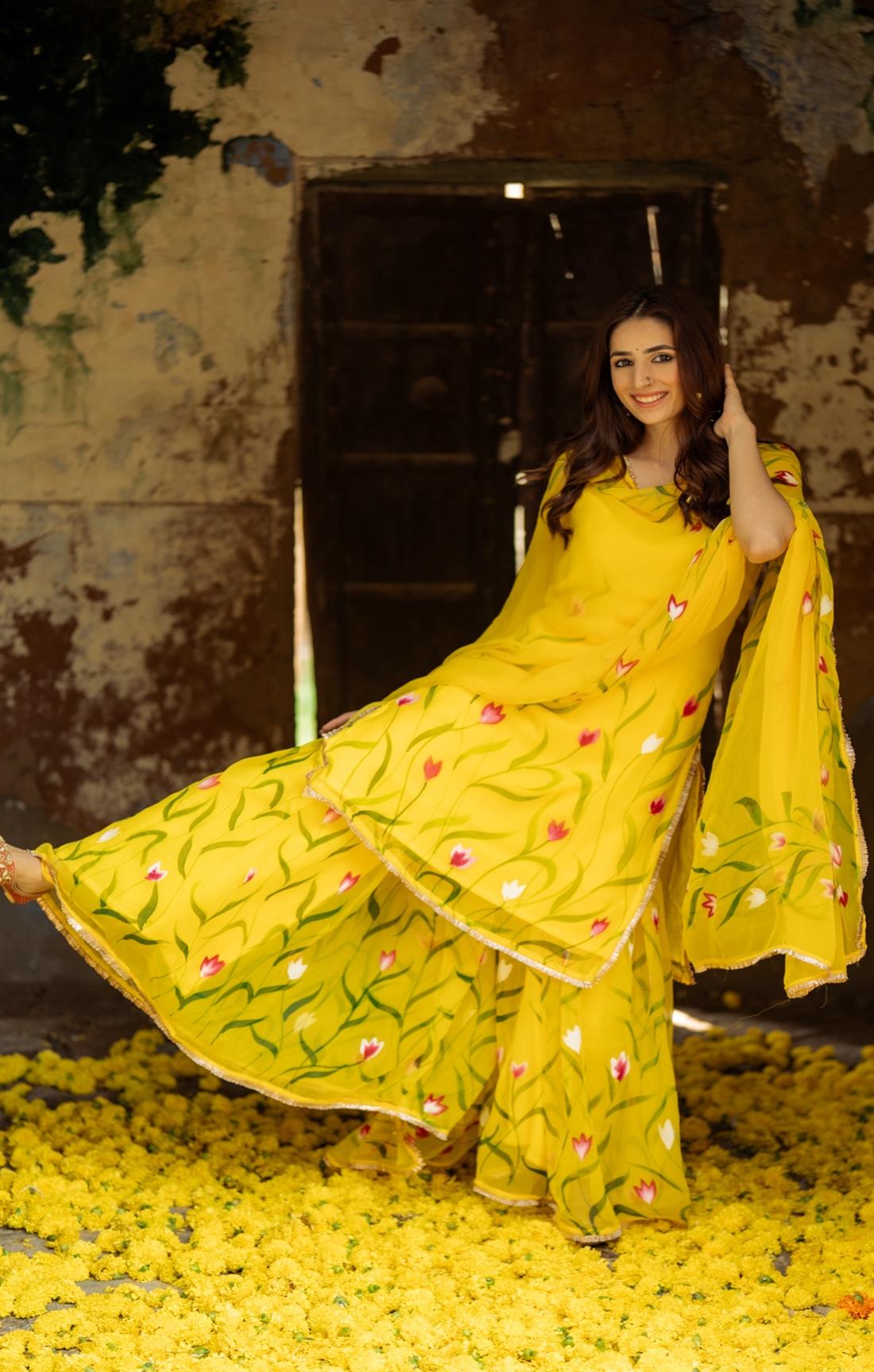Yellow Color Floral Digital Printed Organza Palazzo Suit Set