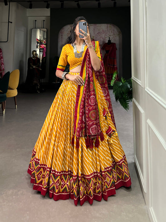 Yellow Color Leheriya With Patola Print Tussar Silk Lehenga Choli