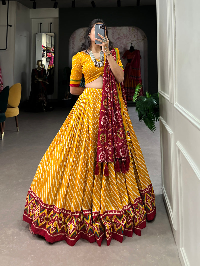 Yellow Color Leheriya With Patola Print Tussar Silk Lehenga Choli