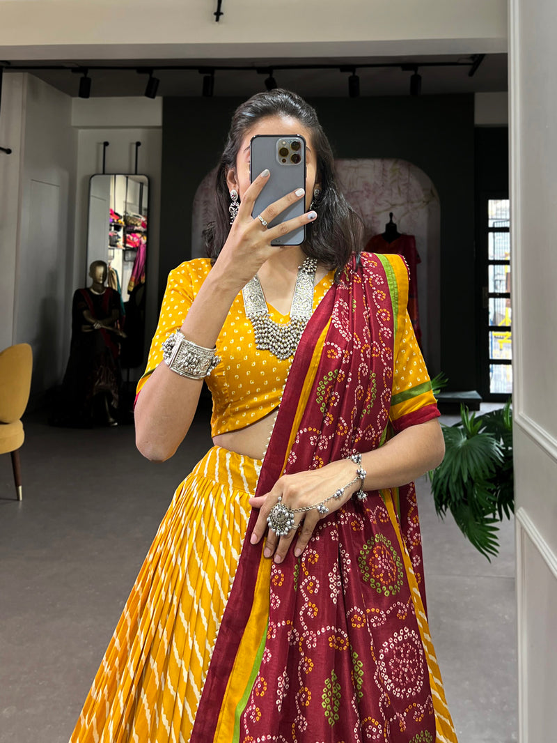 Yellow Color Leheriya With Patola Print Tussar Silk Lehenga Choli